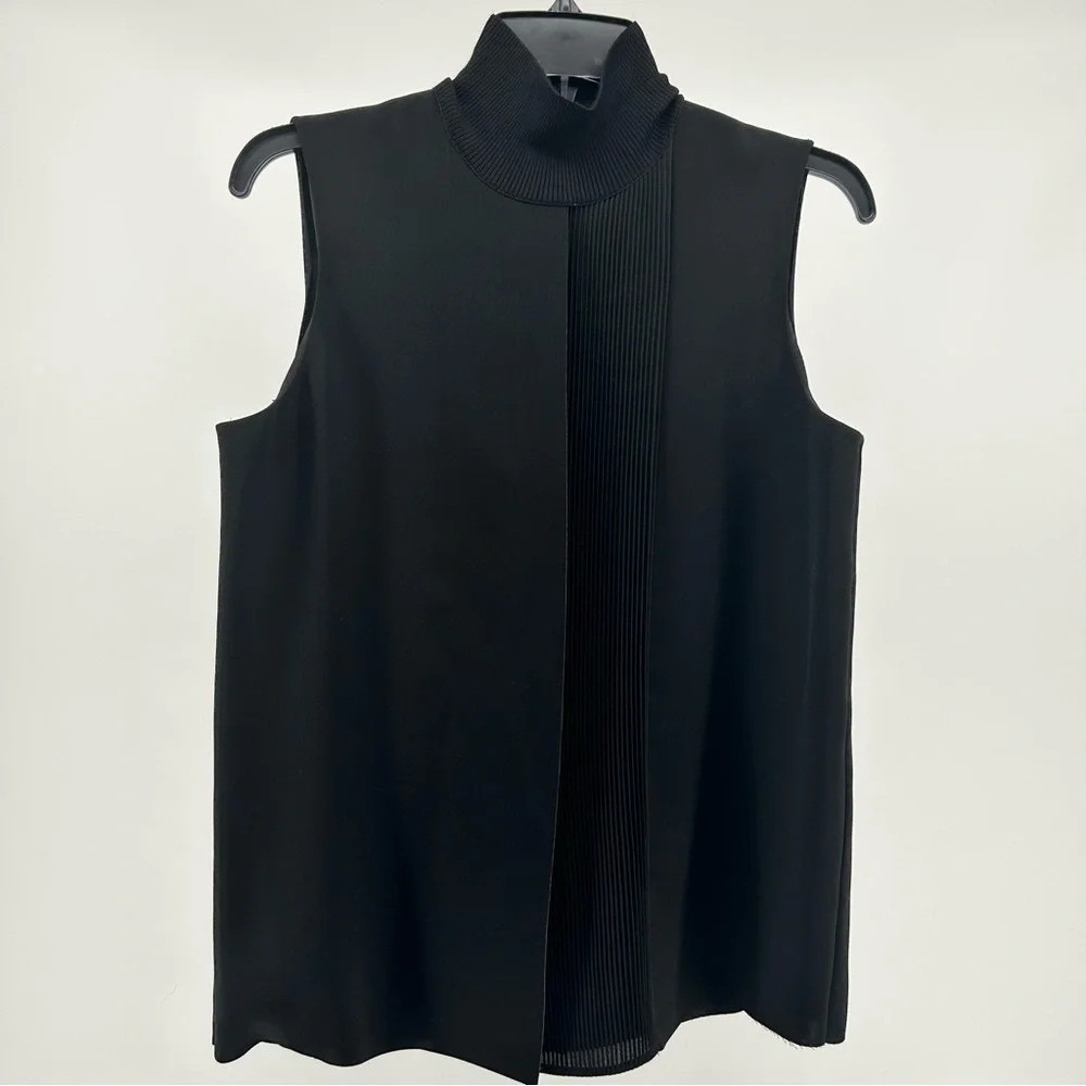 Vince Black Sleeveless Mock Neck Laser Cut Pleated Blouse Top Size S - Picture 2 of 13